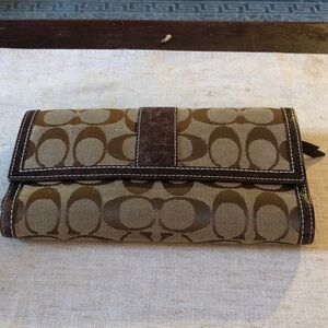 Coach Brown Signature Canvas Continental Wallet with Dark Brown Trim